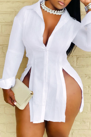 White Casual Solid Slit Shirt Collar Long Sleeve Dresses