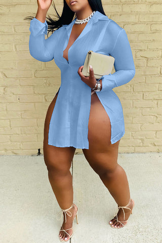 White Casual Solid Slit Shirt Collar Long Sleeve Dresses