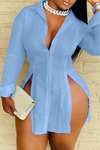 White Casual Solid Slit Shirt Collar Long Sleeve Dresses