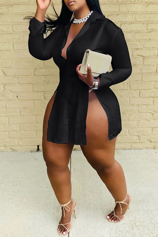 White Casual Solid Slit Shirt Collar Long Sleeve Dresses