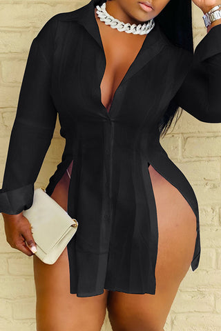 White Casual Solid Slit Shirt Collar Long Sleeve Dresses