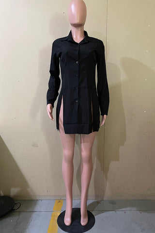 White Casual Solid Slit Shirt Collar Long Sleeve Dresses