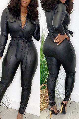Black Lapel Collar Long Sleeve Buttons Skinny Leather Jumpsuit