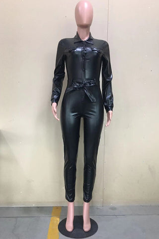 Black Lapel Collar Long Sleeve Buttons Skinny Leather Jumpsuit