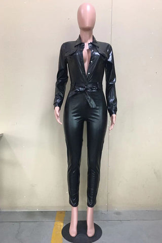 Black Lapel Collar Long Sleeve Buttons Skinny Leather Jumpsuit