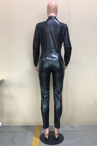 Black Lapel Collar Long Sleeve Buttons Skinny Leather Jumpsuit