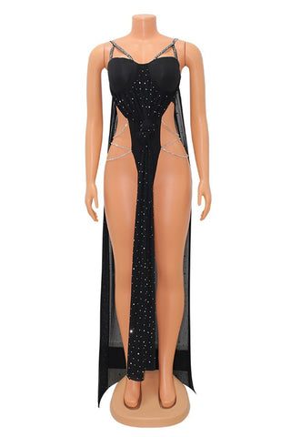 Black Sexy Patchwork Slit Spaghetti Strap Bodycon Bodysuits