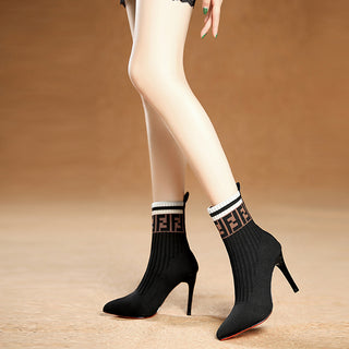 Black Casual Heel Ankle Pointed Toe Stiletto Stockings Boots