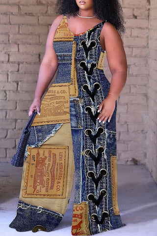 Blue Khaki Casual Faux Denim Print Sleeveless Backless Spaghetti Strap Plus Size Cami Wide Leg Jumpsuits (With Headscarf)