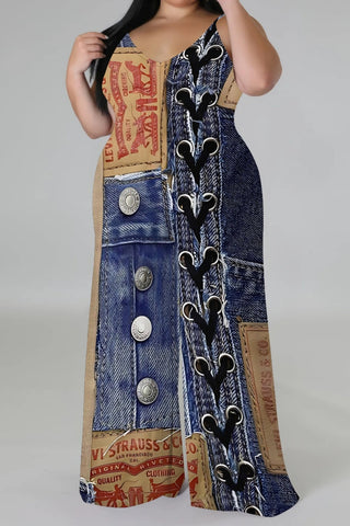 Blue Khaki Casual Faux Denim Print Sleeveless Backless Spaghetti Strap Plus Size Cami Wide Leg Jumpsuits (With Headscarf)