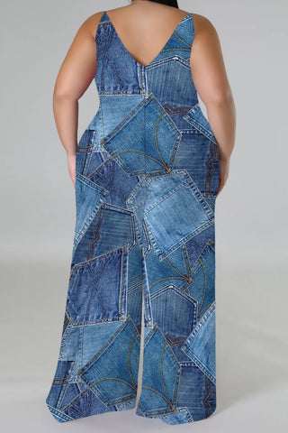 Blue Khaki Casual Faux Denim Print Sleeveless Backless Spaghetti Strap Plus Size Cami Wide Leg Jumpsuits (With Headscarf)