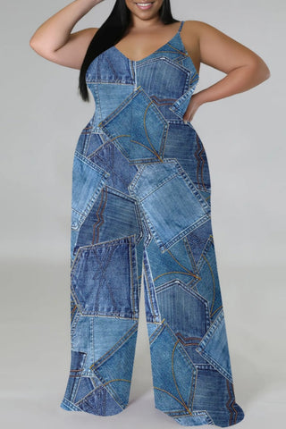 Blue Khaki Casual Faux Denim Print Sleeveless Backless Spaghetti Strap Plus Size Cami Wide Leg Jumpsuits (With Headscarf)
