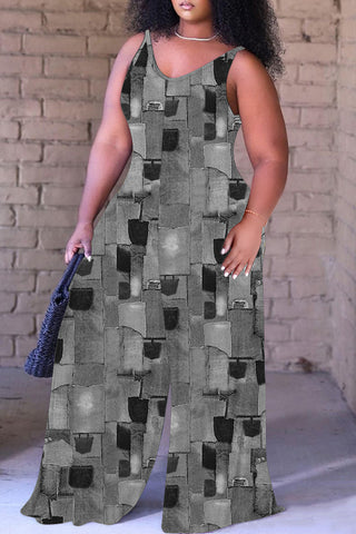 Blue Khaki Casual Faux Denim Print Sleeveless Backless Spaghetti Strap Plus Size Cami Wide Leg Jumpsuits (With Headscarf)