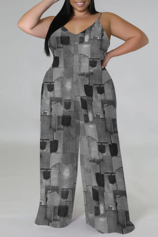 Blue Khaki Casual Faux Denim Print Sleeveless Backless Spaghetti Strap Plus Size Cami Wide Leg Jumpsuits (With Headscarf)