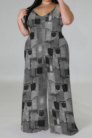 Blue Khaki Casual Faux Denim Print Sleeveless Backless Spaghetti Strap Plus Size Cami Wide Leg Jumpsuits (With Headscarf)