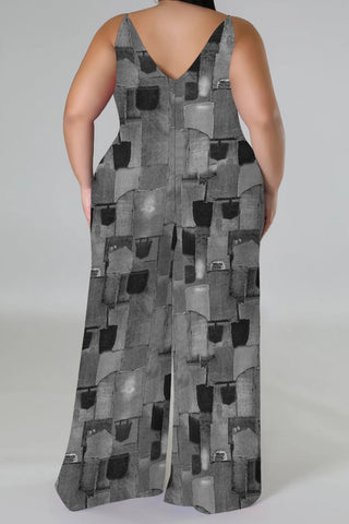 Blue Khaki Casual Faux Denim Print Sleeveless Backless Spaghetti Strap Plus Size Cami Wide Leg Jumpsuits (With Headscarf)