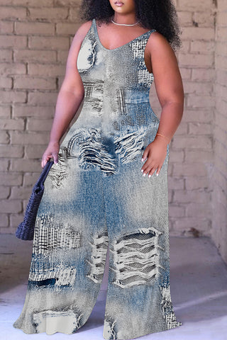 Blue Khaki Casual Faux Denim Print Sleeveless Backless Spaghetti Strap Plus Size Cami Wide Leg Jumpsuits (With Headscarf)