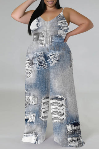 Blue Khaki Casual Faux Denim Print Sleeveless Backless Spaghetti Strap Plus Size Cami Wide Leg Jumpsuits (With Headscarf)