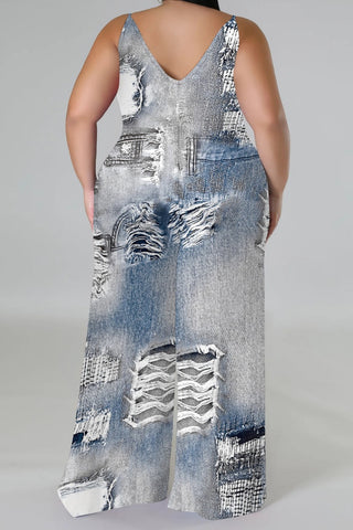 Blue Khaki Casual Faux Denim Print Sleeveless Backless Spaghetti Strap Plus Size Cami Wide Leg Jumpsuits (With Headscarf)