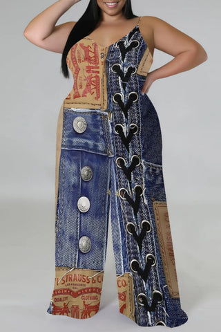 Blue Khaki Casual Faux Denim Print Sleeveless Backless Spaghetti Strap Plus Size Cami Wide Leg Jumpsuits (With Headscarf)