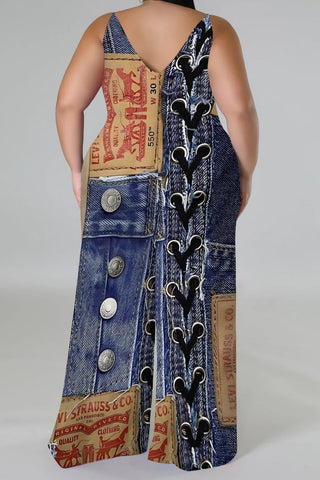 Blue Khaki Casual Faux Denim Print Sleeveless Backless Spaghetti Strap Plus Size Cami Wide Leg Jumpsuits (With Headscarf)