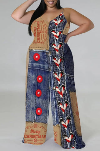 Blue Khaki Casual Faux Denim Print Sleeveless Backless Spaghetti Strap Plus Size Cami Wide Leg Jumpsuits (With Headscarf)