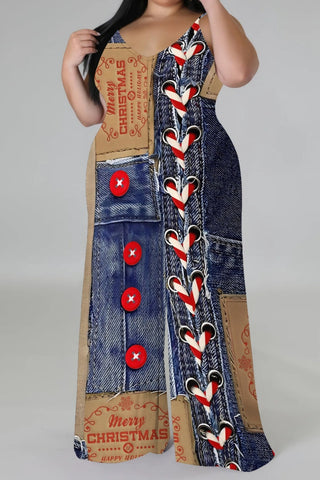 Blue Khaki Casual Faux Denim Print Sleeveless Backless Spaghetti Strap Plus Size Cami Wide Leg Jumpsuits (With Headscarf)