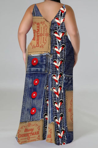 Blue Khaki Casual Faux Denim Print Sleeveless Backless Spaghetti Strap Plus Size Cami Wide Leg Jumpsuits (With Headscarf)