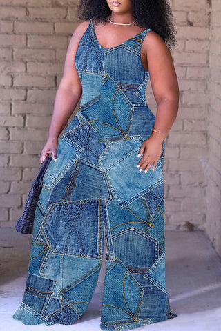 Blue Khaki Casual Faux Denim Print Sleeveless Backless Spaghetti Strap Plus Size Cami Wide Leg Jumpsuits (With Headscarf)