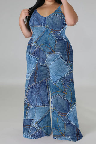 Blue Khaki Casual Faux Denim Print Sleeveless Backless Spaghetti Strap Plus Size Cami Wide Leg Jumpsuits (With Headscarf)