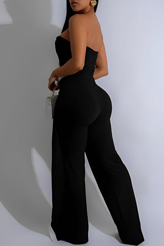 Black Daily Buttons Patchwork Contrast Strapless Regular Jumpsuits