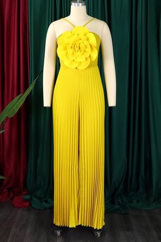 Yellow Casual Solid Color Patchwork Flower Shape Spaghetti Strap Loose Jumpsuits