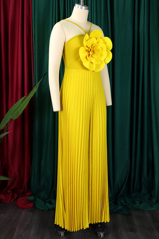 Yellow Casual Solid Color Patchwork Flower Shape Spaghetti Strap Loose Jumpsuits