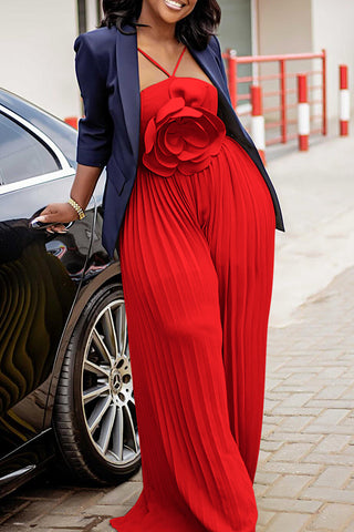 Yellow Casual Solid Color Patchwork Flower Shape Spaghetti Strap Loose Jumpsuits