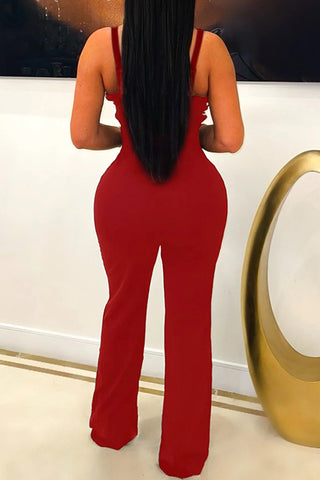Red Casual Patchwork Backless Zipper Contrast Asymmetrical Collar Regular Jumpsuits
