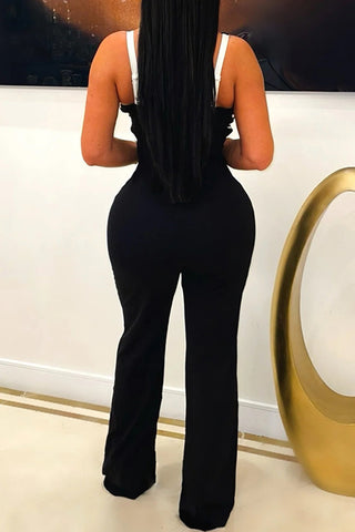 Red Casual Patchwork Backless Zipper Contrast Asymmetrical Collar Regular Jumpsuits