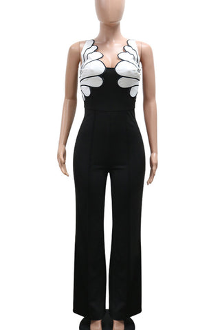 Red Casual Patchwork Backless Zipper Contrast Asymmetrical Collar Regular Jumpsuits