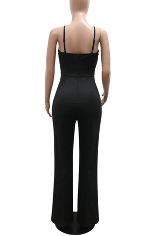 Red Casual Patchwork Backless Zipper Contrast Asymmetrical Collar Regular Jumpsuits