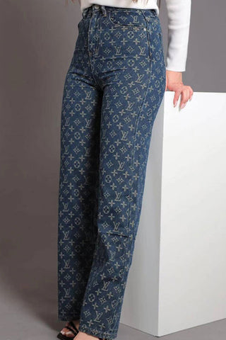 Blue Casual Letters Pocket Patchwork Mid Waist Straight Denim Jeans