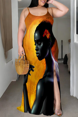 Casual Cartoon Print Slit Contrast U Neck Printed Plus Size Dresses