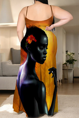 Casual Cartoon Print Slit Contrast U Neck Printed Plus Size Dresses