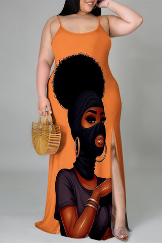 Casual Cartoon Print Slit Contrast U Neck Printed Plus Size Dresses