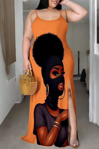 Casual Cartoon Print Slit Contrast U Neck Printed Plus Size Dresses