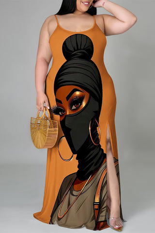 Casual Cartoon Print Slit Contrast U Neck Printed Plus Size Dresses