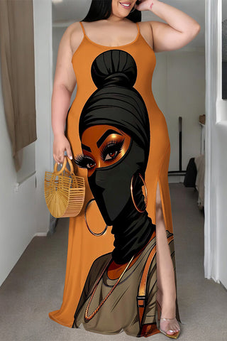 Casual Cartoon Print Slit Contrast U Neck Printed Plus Size Dresses