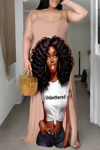 Casual Cartoon Print Slit Contrast U Neck Printed Plus Size Dresses