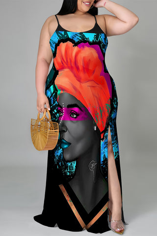 Casual Cartoon Print Slit Contrast U Neck Printed Plus Size Dresses