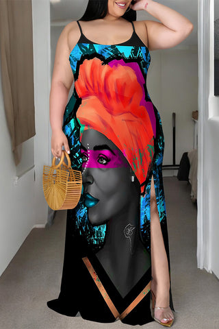 Casual Cartoon Print Slit Contrast U Neck Printed Plus Size Dresses