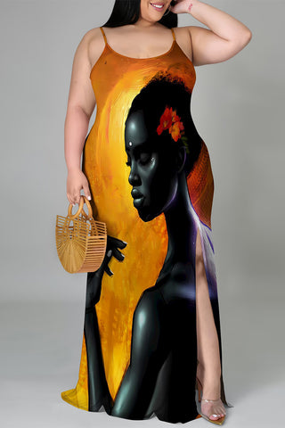 Casual Cartoon Print Slit Contrast U Neck Printed Plus Size Dresses