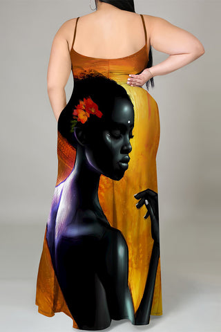 Casual Cartoon Print Slit Contrast U Neck Printed Plus Size Dresses